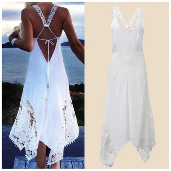 The Unbranded Brand Dresses & Skirts - Sleeveless Beach Dress Crocheted Lace Straps Sz S Asymmetric Grad Ethereal Bride